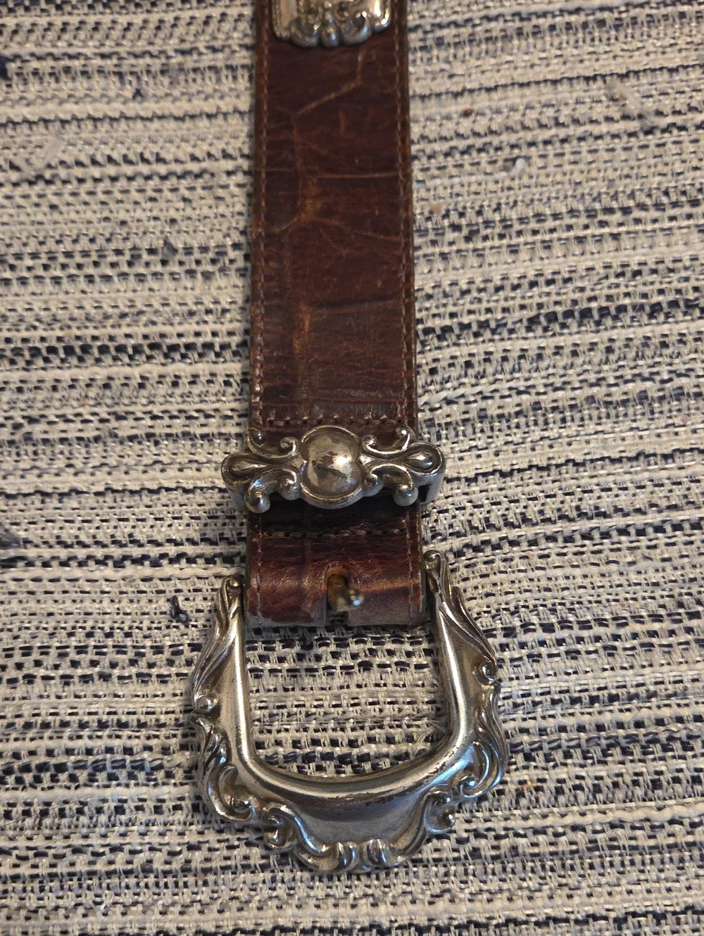 Womens Brighton Brown Croc-Accent Leather Belt with Silver Hardware